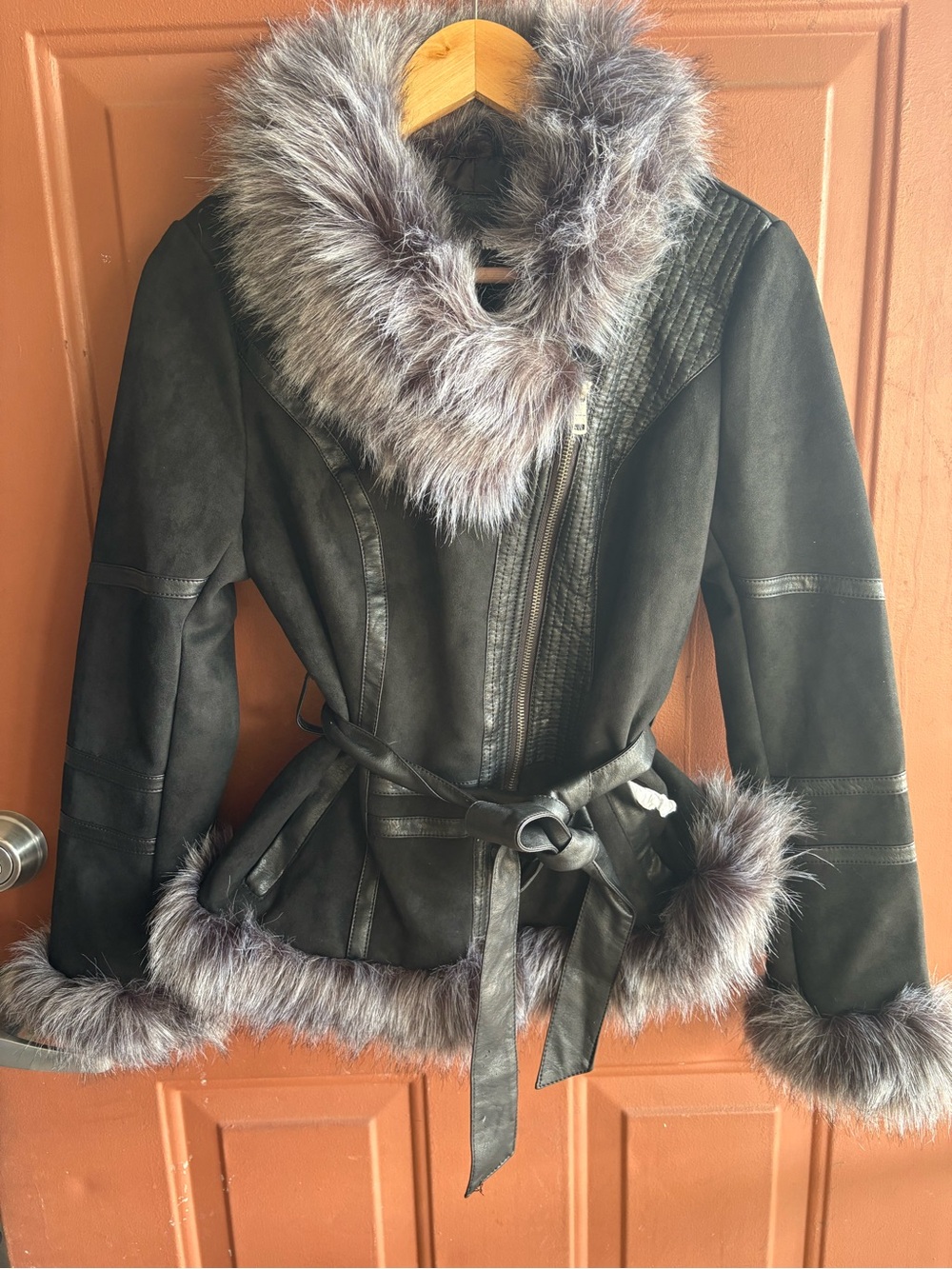 Fashion Nova Black Faux-Suede Belted Jacket with Gray Faux-Fur Trim